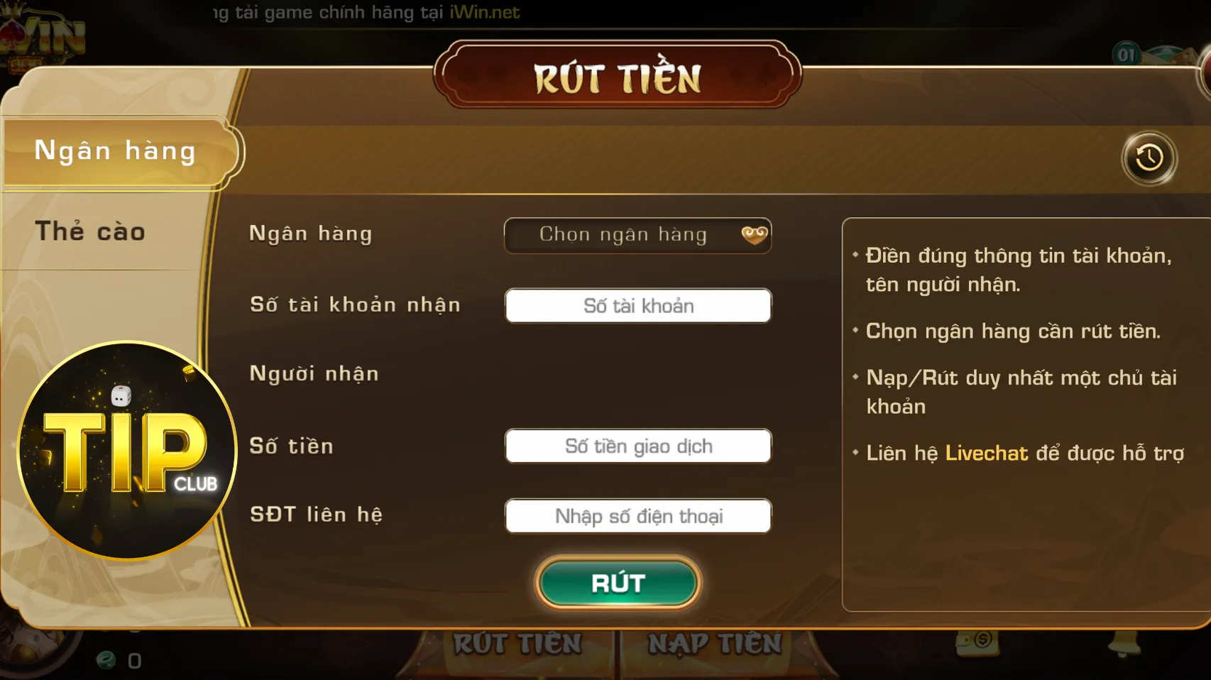 Rút tiền TipClub nhanh chóng, chi tiết